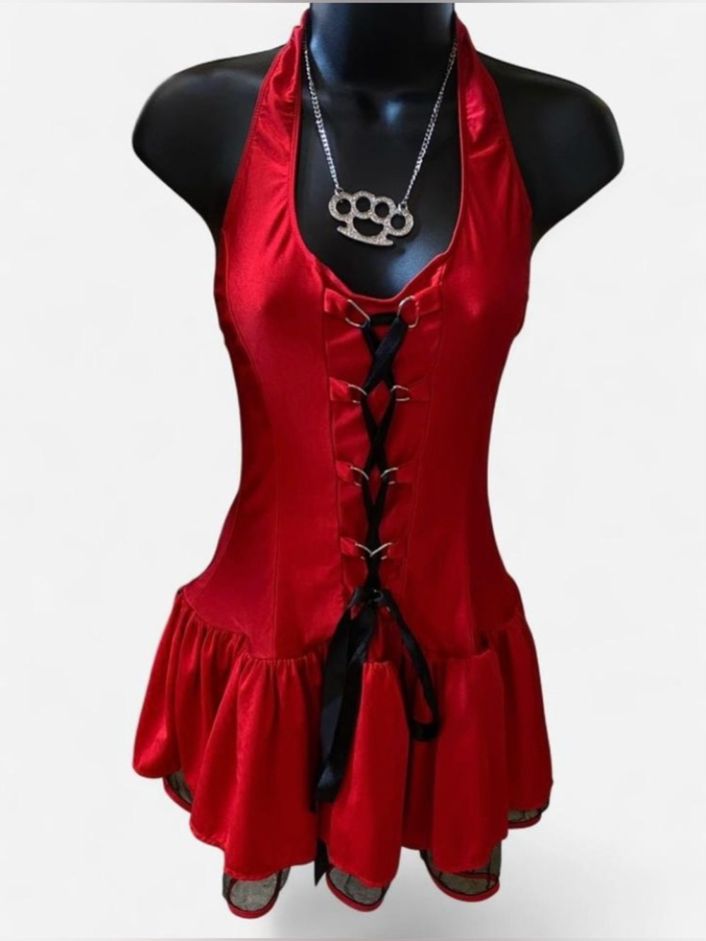 Gothic Red Halter Dress with Black Lace-up Front, Ruffles & Lace